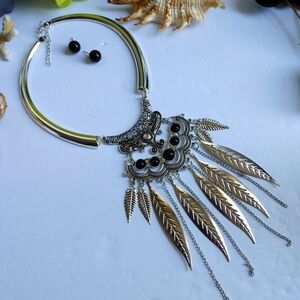 Boho Silver Father Leaf Bib Choker Necklace Set